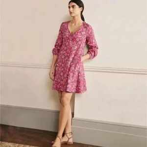 Boden Women's Pink Floral Linen Mini Tunic Floral Dress Long Sleeve V-Neck US 20